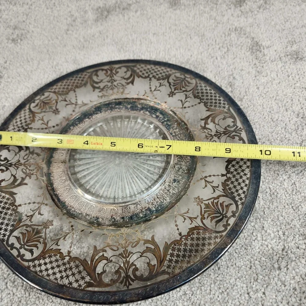 Vintage Silver Overlay‎ Glass Plate Clear Floral Scroll Etched Sunburst